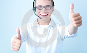 Customer service agent showing ok, isolated on white background