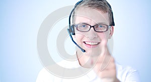 Customer service agent showing ok, isolated on white background