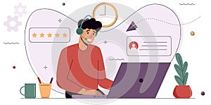 Customer service agent sits in front of a computer wearing headphones and communicates with a client.Customer service concept