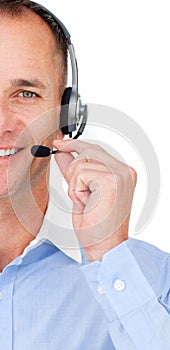 Customer service agent talking on headset