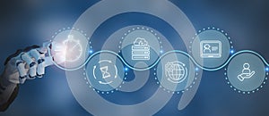 Customer service with AI, speed of service concept. Touching screen with quick service tech icon.