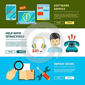 Customer service banners. Technical support online 24h help chat admin consultant in headset vector flat pictures