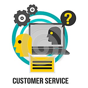 Customer Service Business Concept Sign With Laptop, Gears And Question Mark