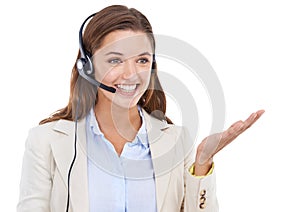 Customer service, business headset or happy woman with palm gesture for communication, telemarketing or sales pitch