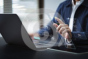 Customer service. Businessman using artificial intelligence software technology, Chatbots and CRM for customers.