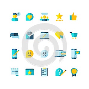 Customer service, clients loyalty, ranking, review flat vector icons set