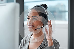 Customer service, computer and woman consultant in office for online crm consultation or enquiries. Telemarketing