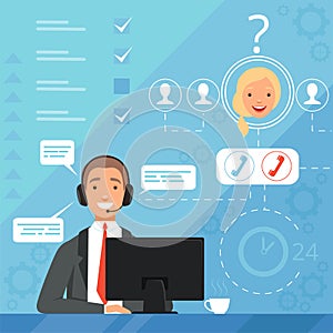 Customer service concept. 24h business online support managers operators complaint vector background illustration