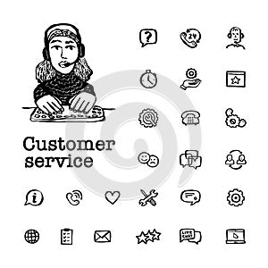 Customer service concept. Online chat. Round shape frame with Help and Support Related Vector hand drawn icons and