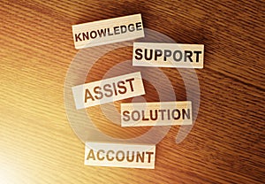 Customer service concept on wooden blocks: knowledge - support - help - solution - account