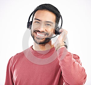 Customer service consulting, face portrait or happy man telemarketing on contact us CRM or telecom. Call center