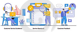 Customer service excellence, service standards, customer feedback concept with character. Customer support abstract vector