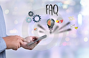 Customer Service FAQs , FAQ Question Information Frequently Asked Question , business hand clicking FAQ or Frequently asked quest