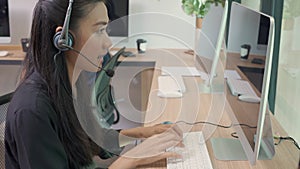 Customer service with friendly, businesswoman call center and operator for support client.