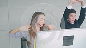 Customer service with friendly, man and woman call center and operator for support client