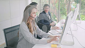 Customer service with friendly, man and woman call center and operator for support client