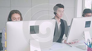 Customer service with friendly, man and woman call center and operator for support client