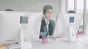 Customer service with friendly, man and woman call center and operator for support client.