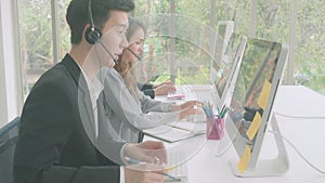 Customer service with friendly, man and woman call center and operator for support client.