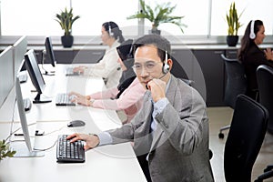 Customer service with friendly, man and woman call center and operator for support client.