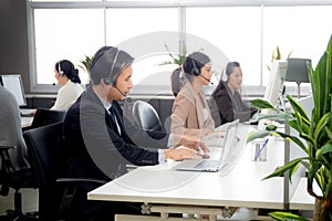 Customer service with friendly, man and woman call center and operator for support client.