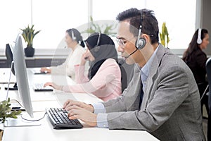 Customer service with friendly, man and woman call center and operator for support client.