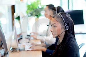 Customer service with friendly, man and woman call center and operator for support client.