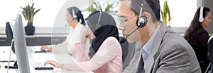 Customer service with friendly, man and woman call center and operator for support client.