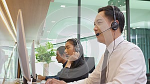 Customer service with friendly, man and woman call center and operator for support client.