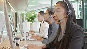 Customer service with friendly, man and woman call center and operator for support client.