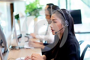 Customer service with friendly, man and woman call center and operator for support client.
