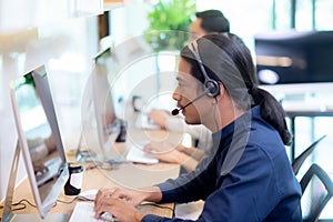 Customer service with friendly, man and woman call center and operator for support client.