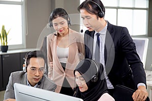 Customer service with friendly, woman call center and operator for support and assistance client looking computer.