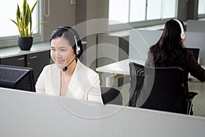 Customer service with friendly, woman call center and operator for support client.