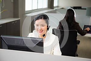 Customer service with friendly, woman call center and operator for support client.