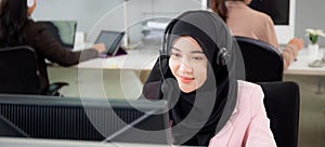 Customer service with friendly, woman call center and operator for support client.