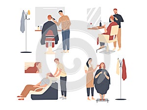 Customer service in the hairdressing salon. Men barbers and women stylists at work, they do haircuts.