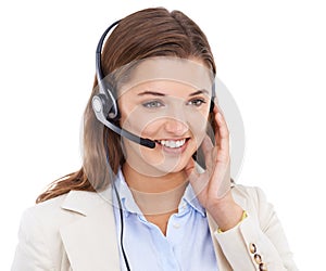 Customer service, headset or face of happy woman on business communication, telemarketing or help desk advisory. Tech