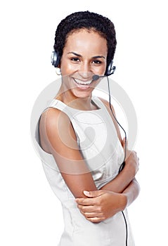Customer service is her forte. Studio portrait of a friendly female customer service representative wearing a headset.