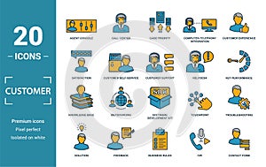 Customer Service icon set. Include creative elements agent console, case priority, satisfaction, helpdesk, knowledge base icons.