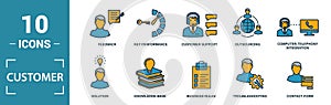 Customer Service icon set. Include creative elements agent console, case priority, satisfaction, helpdesk, knowledge base icons.