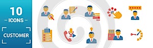Customer Service icon set. Include creative elements agent console, case priority, satisfaction, helpdesk, knowledge base icons.