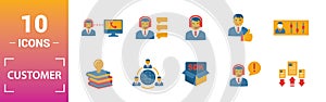 Customer Service icon set. Include creative elements agent console, case priority, satisfaction, helpdesk, knowledge base icons.