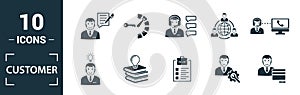 Customer Service icon set. Include creative elements agent console, case priority, satisfaction, helpdesk, knowledge base icons.