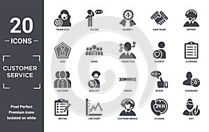 customer.service icon set. include creative elements as translator, support, favorite, ribbon, line chart, customer filled icons