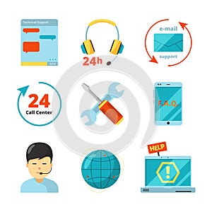 Customer service icon. Support 24h business help call center managers computer chat consultant vector flat symbols