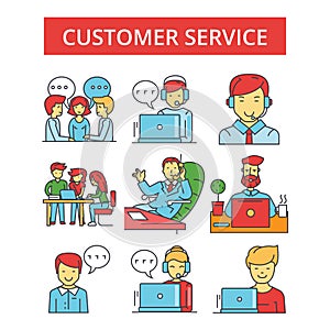 Customer service illustration, thin line icons, linear flat signs