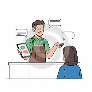 Customer service interaction with tablet and speech bubbles