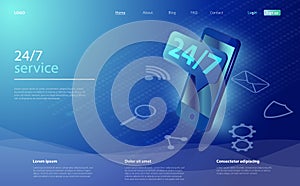 Customer service landing page. 24-7 service concept or call center.