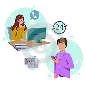 Customer service landing page. Woman with headphones and microphone with laptop.Happy male helpline operator with headset consulti